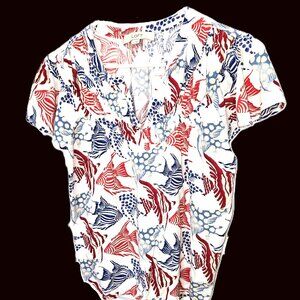 Loft Blouse Red White Blue Fish Short Sleeve Pin Tuck Top Size Medium Nautical